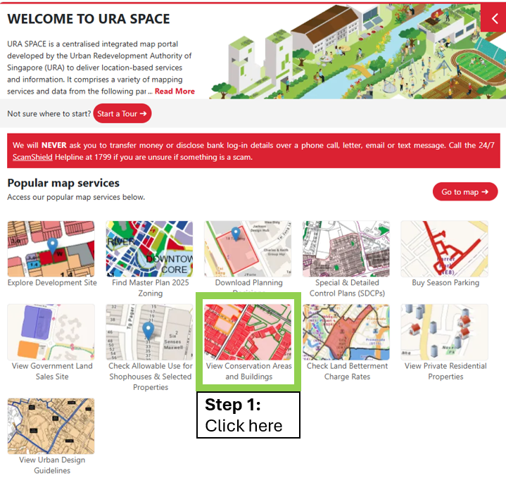 Go to URA SPACE and click on 'View Conservation Areas and Buildings'.